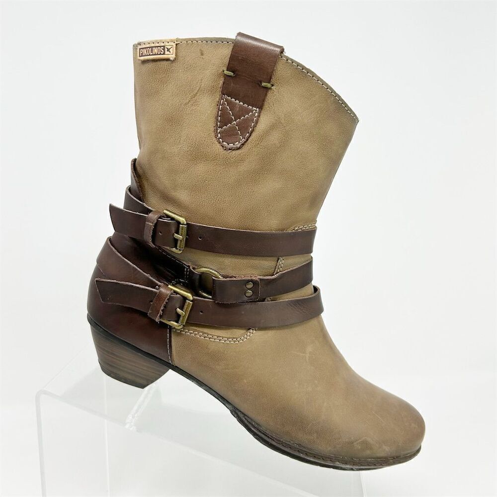 Pikolinos Women's Brown Leather Western Buckle Strap Heeled Ankle Boots Size 38
